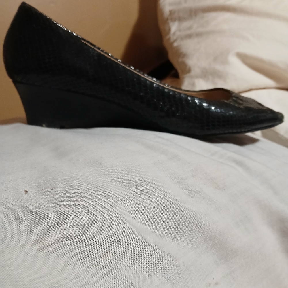 Arturo Chiang Black Wedge Shoes with Textured Snake & Peekaboo Toe